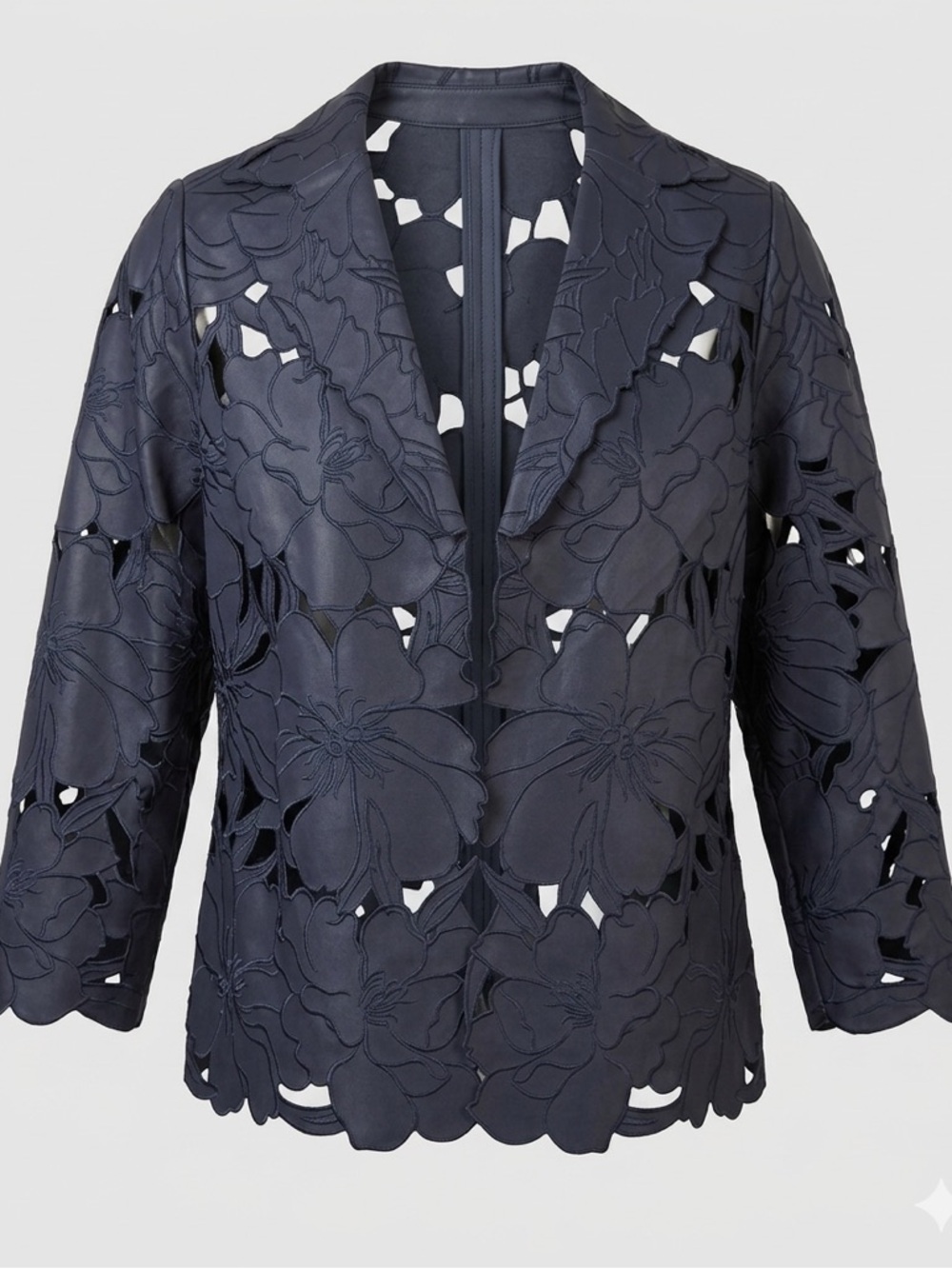 Grunge Chico's Travelers Navy Blue Faux Leather Floral Laser Cut Jacket Sz 1 M